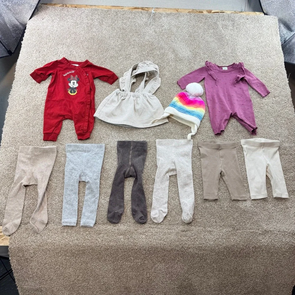 Baby Girl Clothes Lot H&M Disney Carters Romper Dress Leggings Tights 0-6M 10pc